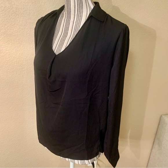 NEW TopShop Blouse 2 Black Semi Sheer V-Neck Long Sleeves Collar Button Cuffs - Picture 6 of 14